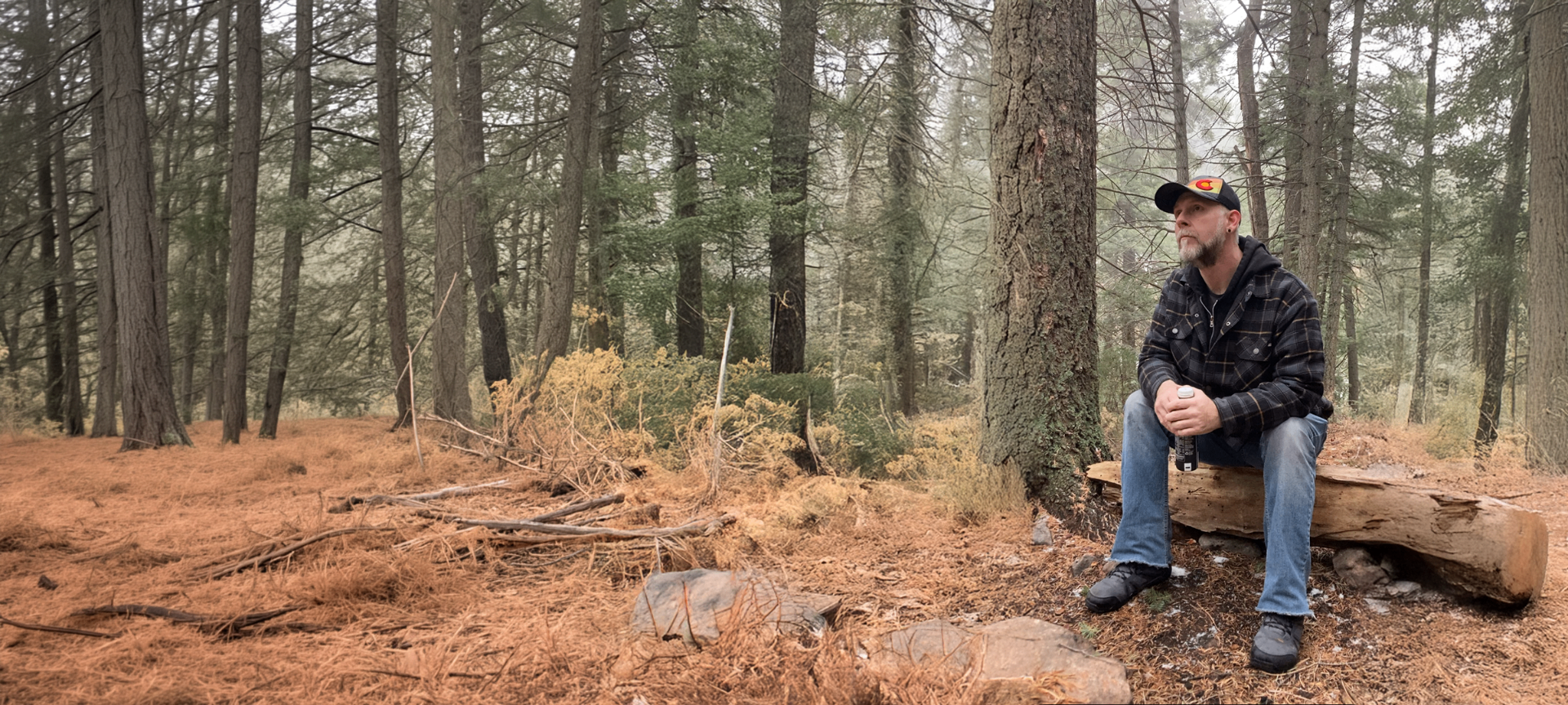 Justin Lake Whedon seated on a fallen log in a quiet stretch of pine forest.
